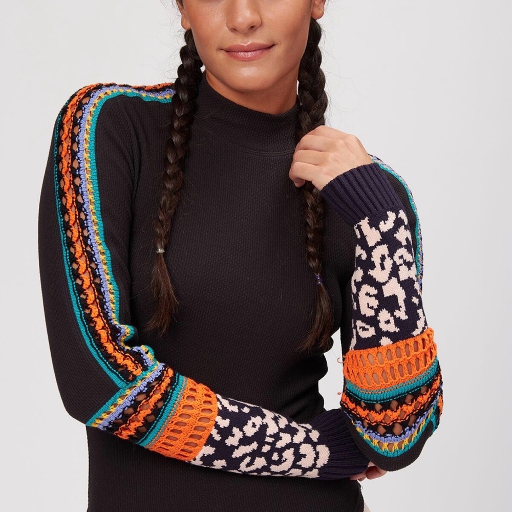 Free People Switch It Up Thermal Long Sleeve Top SZ XS Crochet Boho Colorful